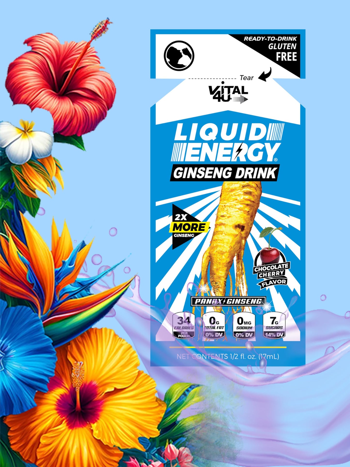 VITAL 4U® Liquid Energy Shot - Ginseng, Naturally Sweetened, Chocolate Cherry Flavor, 24 ct