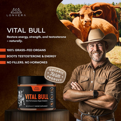 Lonvera Vital Bull Beef Organ Supplement for Men – Grass-Fed Liver, Testicle, Prostate & Bone Marrow | 30 Day Supply