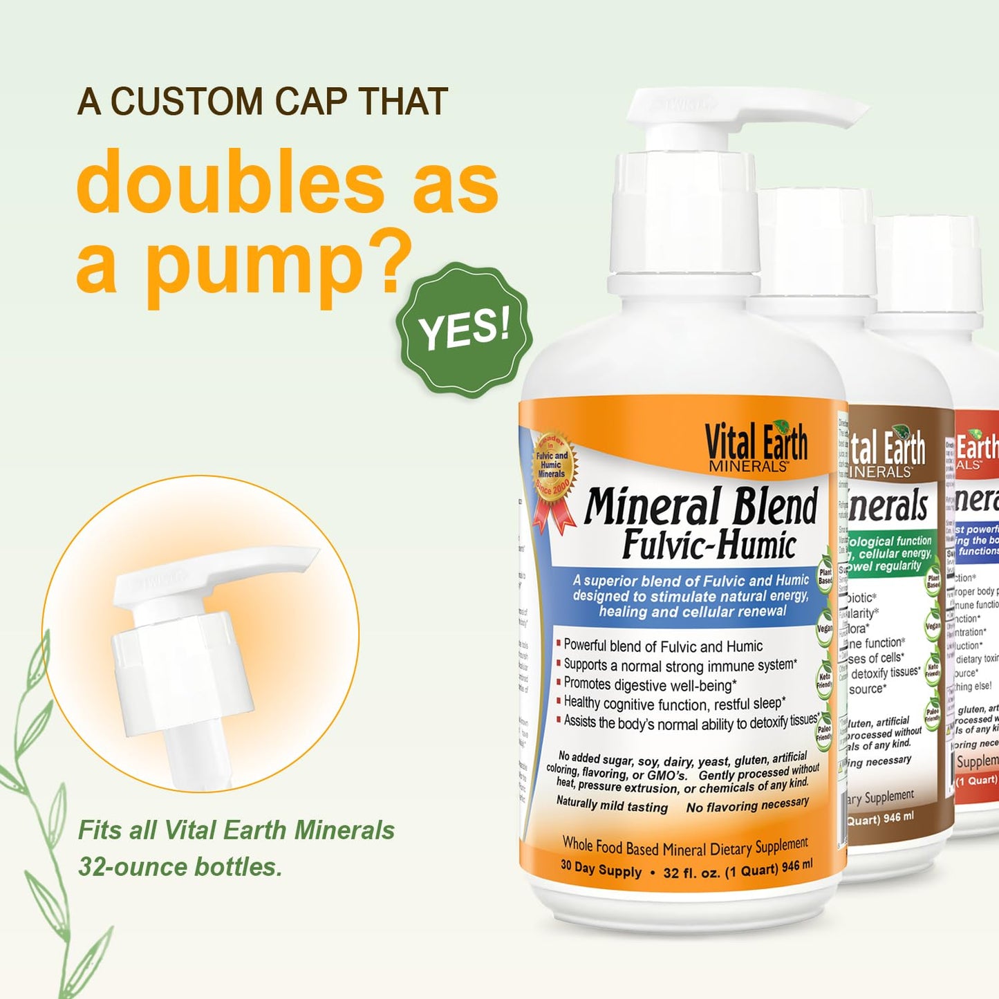 Vital Earth Minerals Liquid Mineral Pump 2-Pack – Fits 32-Ounce Vitamin and Fulvic Mineral Supplement Bottles