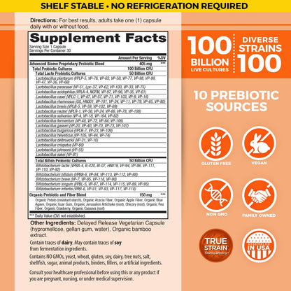Vital Flora Advanced Probiotic 100 Billion CFU - 100 Strains, 10 Organic Prebiotics | Vital Planet