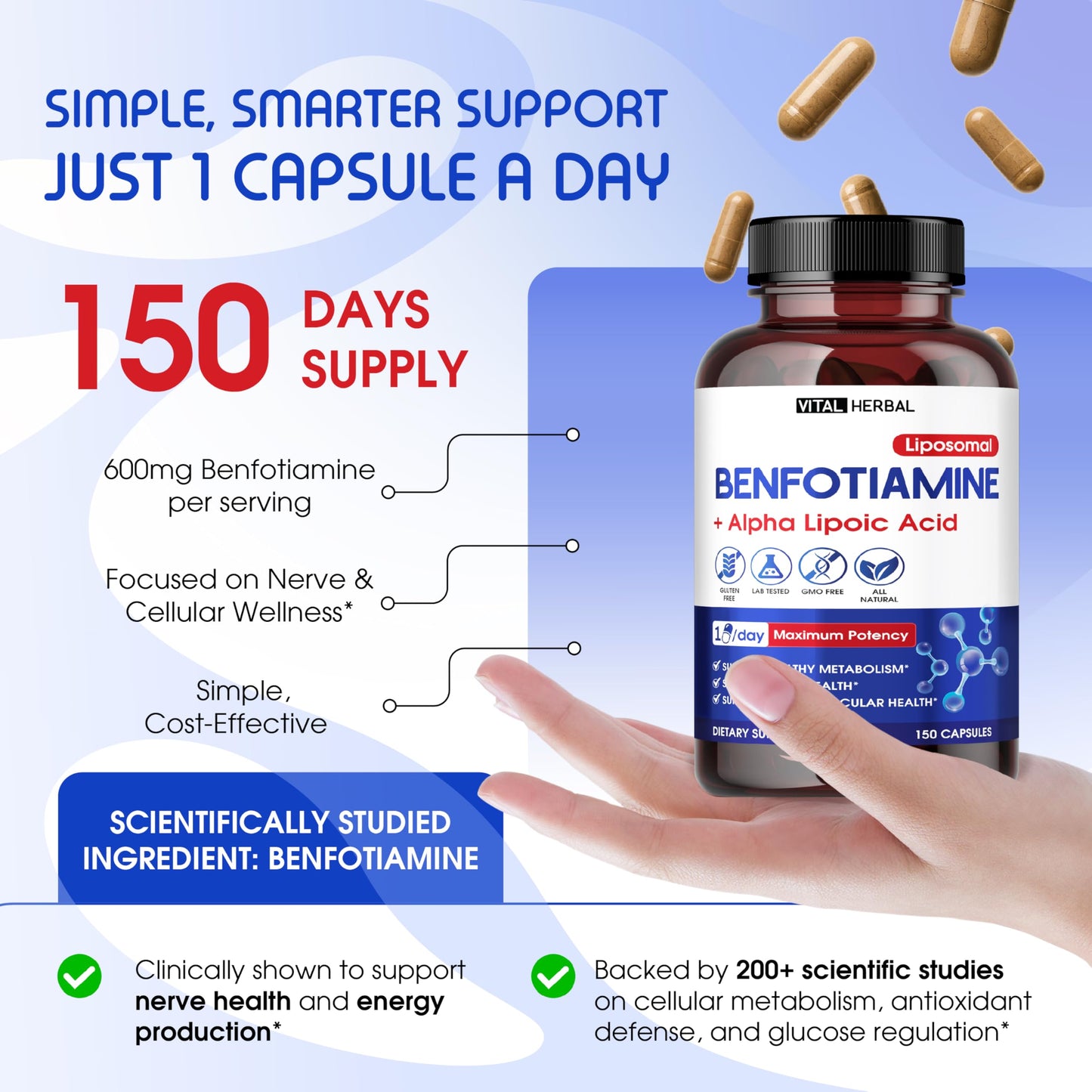VITAL HERBAL Liposomal Benfotiamine with Alpha Lipoic Acid - Maximum Potency - Made in The USA