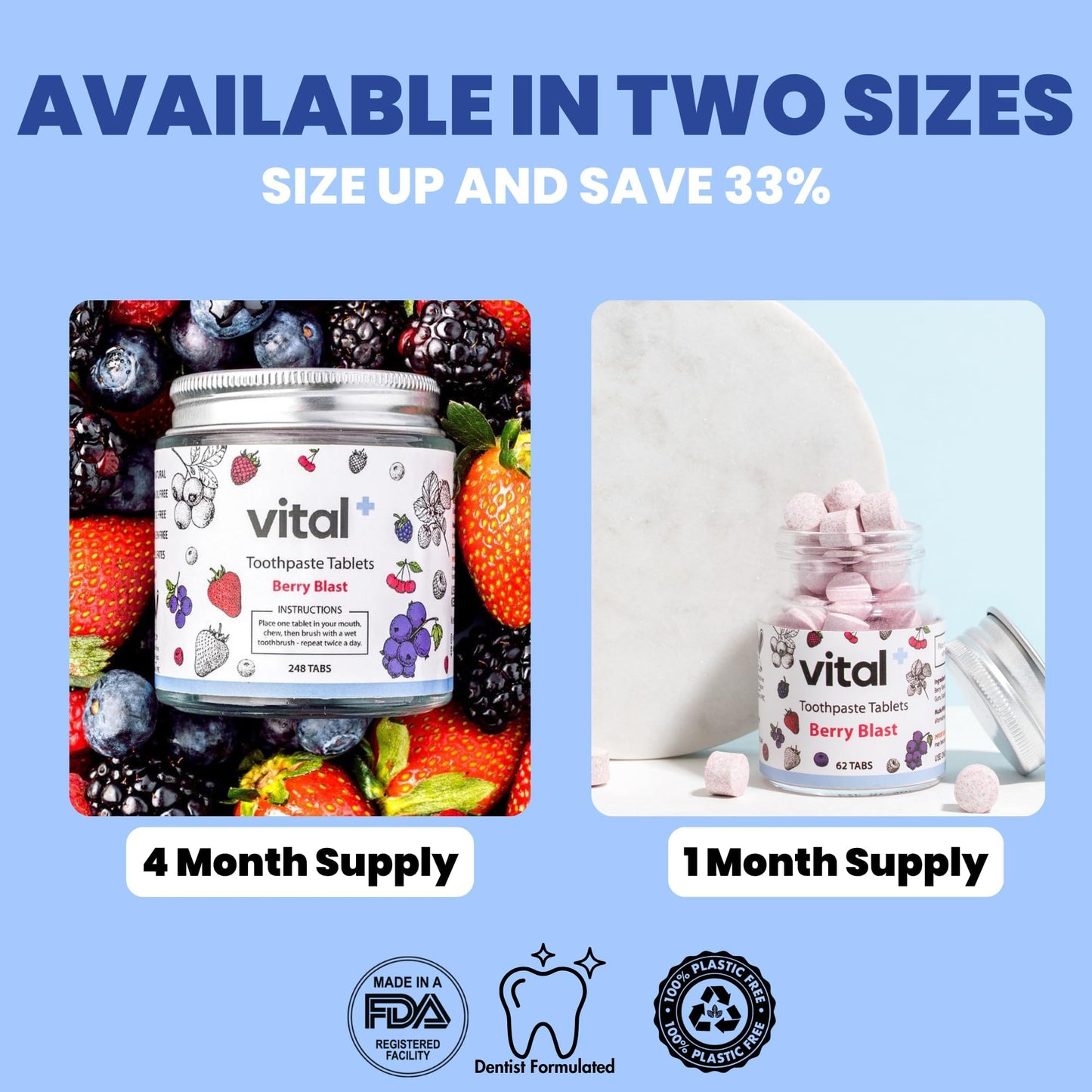 Vital Nano-Hydroxyapatite Toothpaste Tabs – Berry Blast | Fluoride-Free, Plastic-Free & Eco-Friendly | 62 Tablets