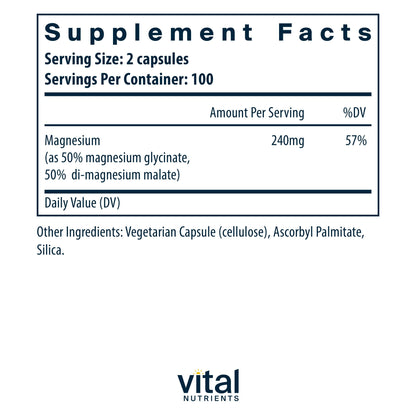 Vital Nutrients Magnesium Glycinate + Malate 120mg | Vegan Magnesium Supplement for Relaxation | 200 Capsules
