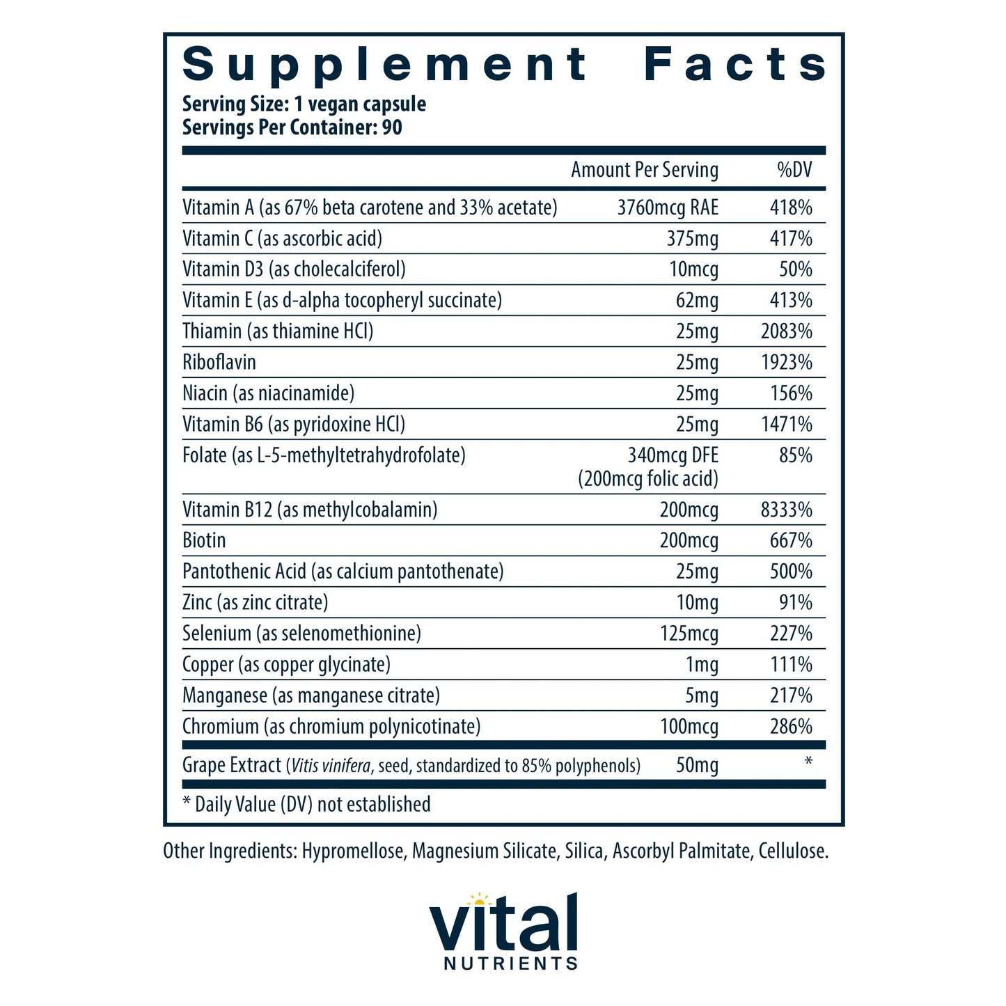 Vital Nutrients Minimal and Essential Multivitamin | Vegetarian One per Day Multi Vitamin, Mineral, & Antioxidant Supplement* | Iron-Free | Gluten, Dairy, Soy Free | Non-GMO | 90 Capsules