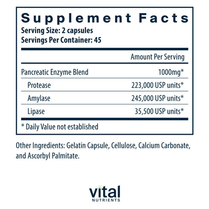 Vital Nutrients Pancreatic Enzymes 1000mg – Full Strength Digestive Enzymes (Protease, Amylase, Lipase) | Gluten, Dairy & Soy Free | 90 Capsules