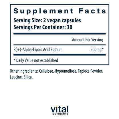 Vital Nutrients R-Lipoic Acid | Active Alpha-Lipoic Acid Antioxidant | ALA Supplement for Healthy Metabolism and Energy | Gluten, Dairy, Soy Free | Non-GMO | 60 Capsules