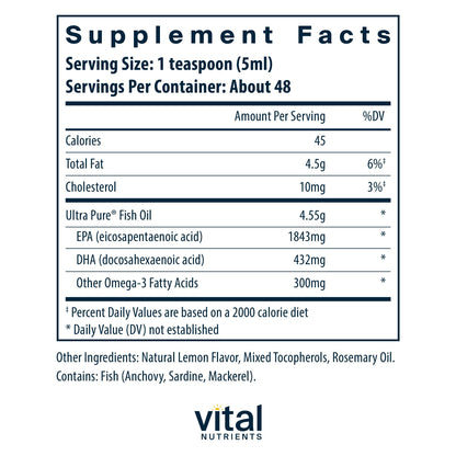 Vital Nutrients Ultra Pure Fish Oil 2600 – Pharmaceutical Grade, Hi-Potency Deep Sea EPA/DHA, 8 oz