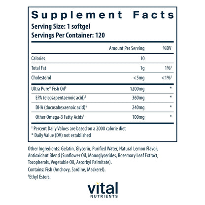 Vital Nutrients Ultra Pure Fish Oil 700 | High EPA & DHA, Lemon Flavor | 120 Softgels
