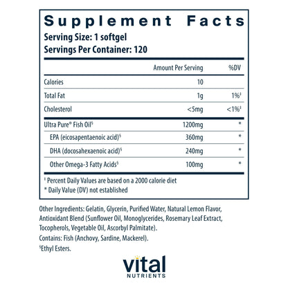 Vital Nutrients Ultra Pure Fish Oil 700 | High EPA & DHA, Lemon Flavor | 120 Softgels
