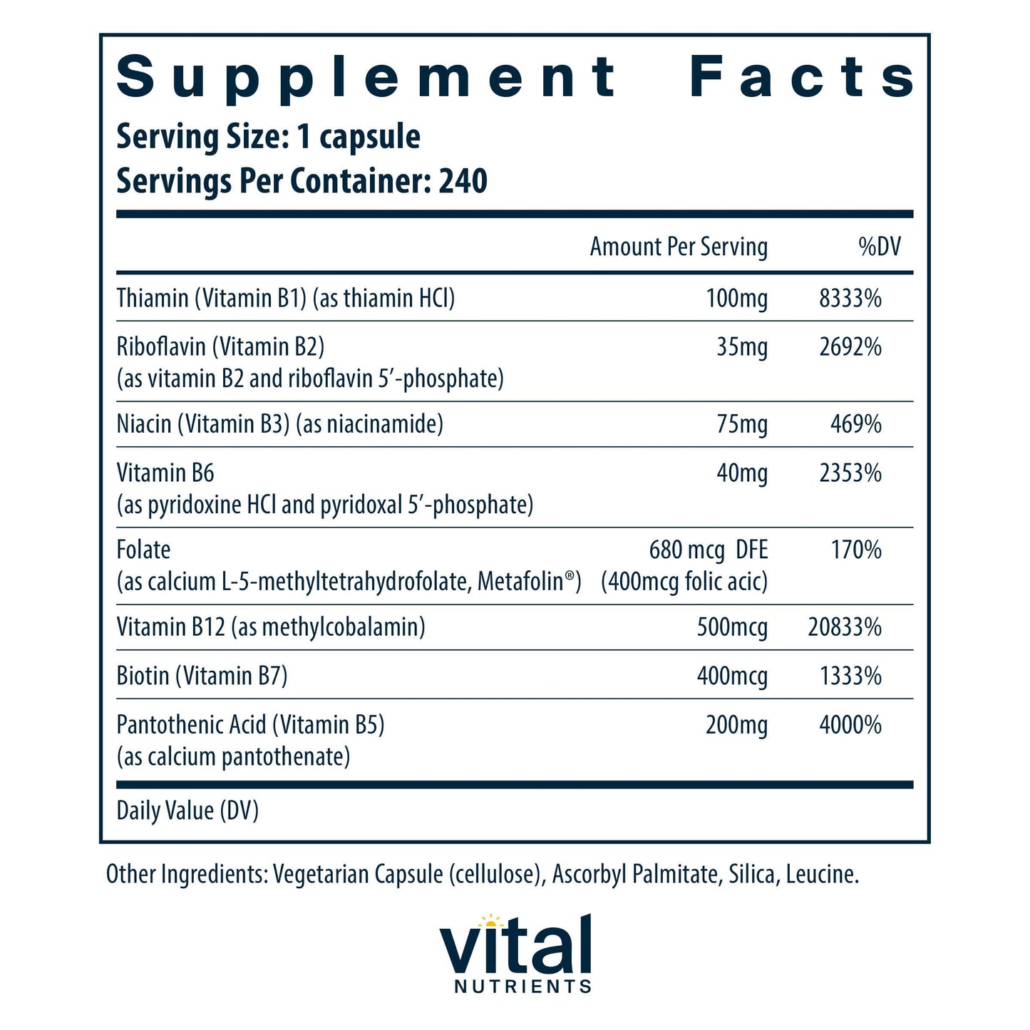 Vital Nutrients Vitamin B-Complex | Vegan High-Potency Methylated B Vitamins | 240 Capsules