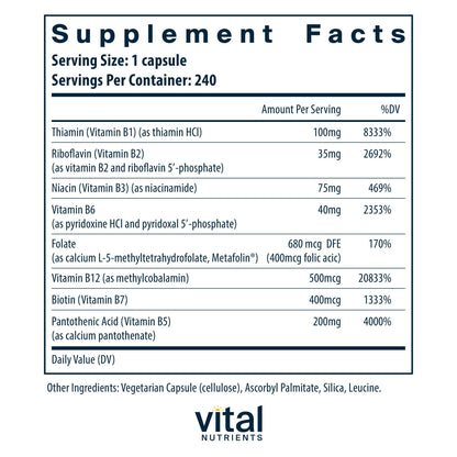 Vital Nutrients Vitamin B-Complex | Vegan High-Potency Methylated B Vitamins | 240 Capsules