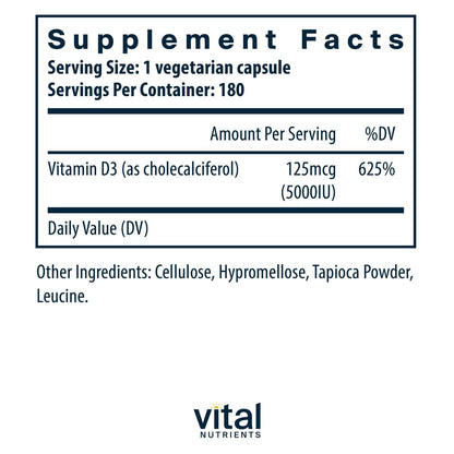 Vital Nutrients Vitamin D 5000 IU D3 Supplement – Supports Bones, Teeth & Immunity | Gluten, Dairy & Soy Free | 180 Capsules
