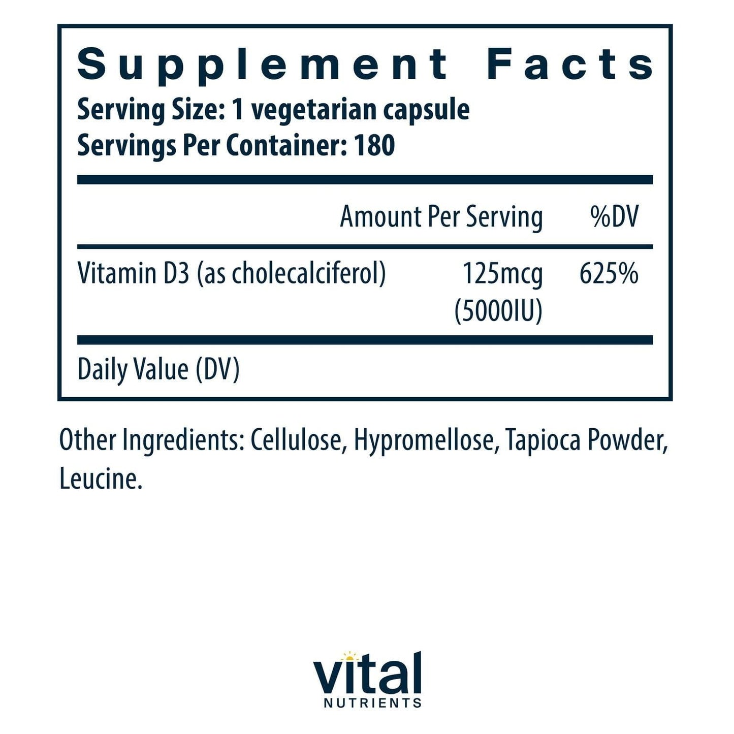 Vital Nutrients Vitamin D 5000 IU D3 Supplement – Supports Bones, Teeth & Immunity | Gluten, Dairy & Soy Free | 180 Capsules