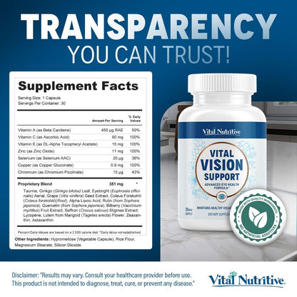 Vital Vision Support – Eye Health Supplement by Vital Nutritive with Vitamin A, Lutein & Antioxidants – 30-Day Serving