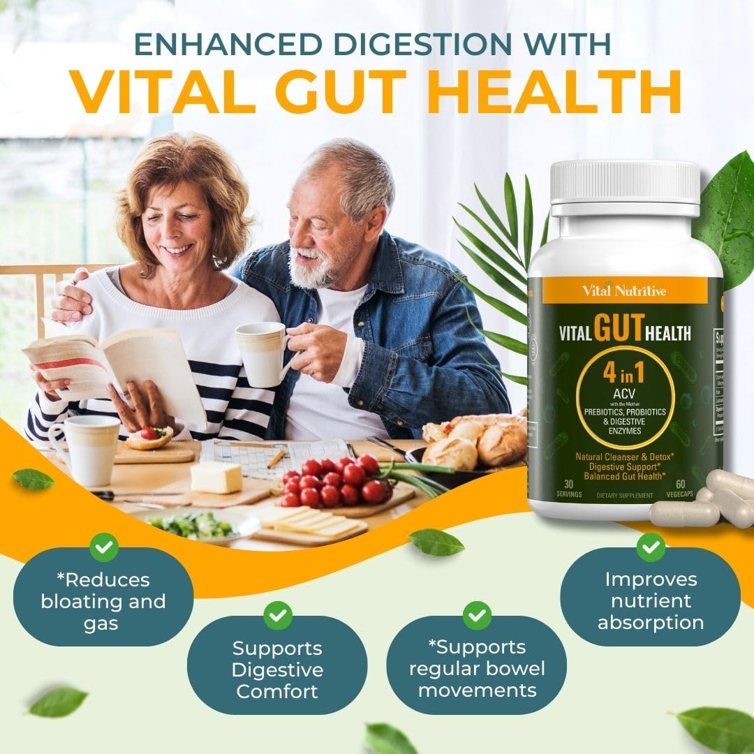 Vital Gut Health 4-in-1 Formula with ACV, Prebiotics & Probiotics | Digestive Enzymes | Vital Nutritive
