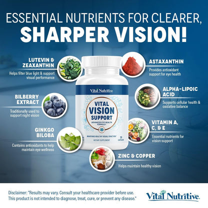 Vital Vision Support – Eye Health Supplement by Vital Nutritive with Vitamin A, Lutein & Antioxidants – 30-Day Serving