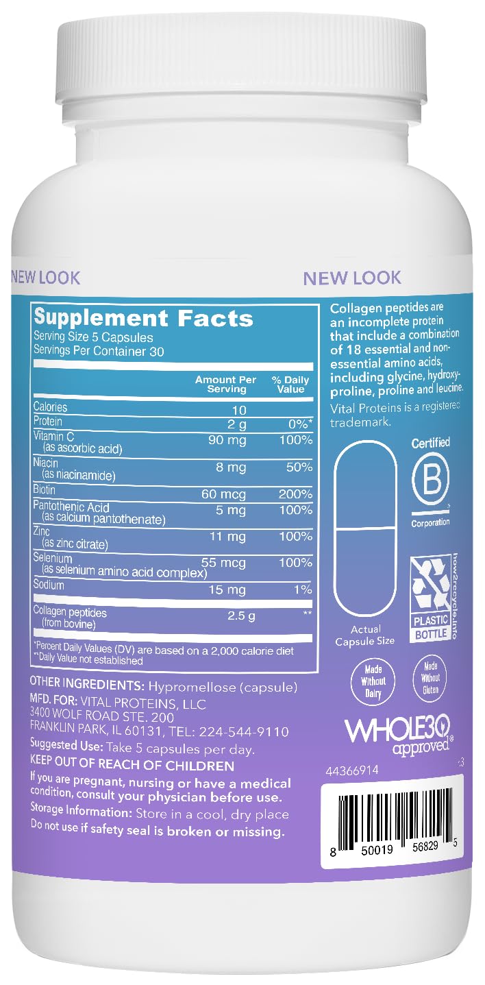 Vital Proteins Collagen Peptides Beauty Edition Capsules — 2.5g per Serving, Biotin & Vitamin C, 30 Servings