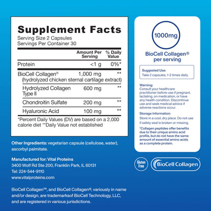 Vital Proteins Enhanced Collagen Complex Capsules with BioCell – Skin & Joints (60 Ct)