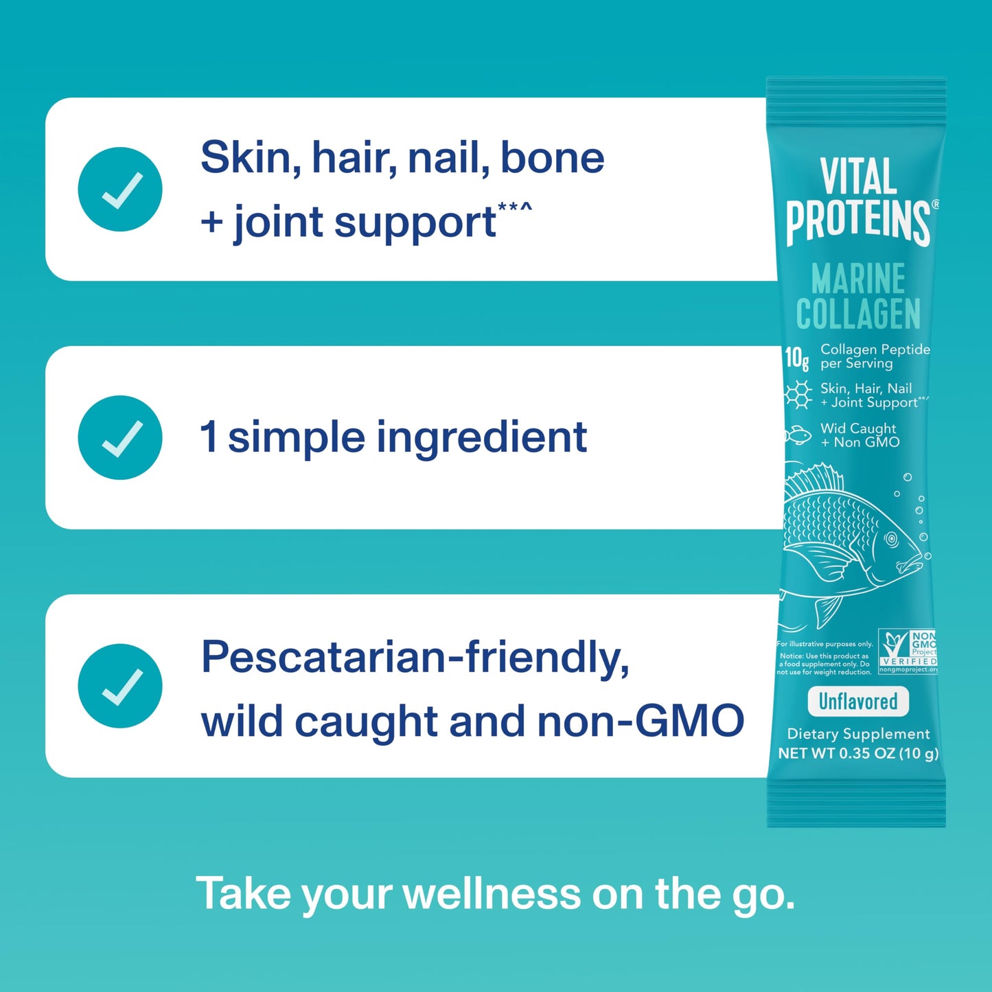 Vital Proteins Marine Collagen – Wild-Ccaught, Non-GMO, Unflavored 10g Sticks (Box of 20)