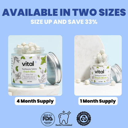 Vital Toothpaste Tabs – 7% Nano-Hydroxyapatite, Fluoride Free, 248 Tabs (4 Months)