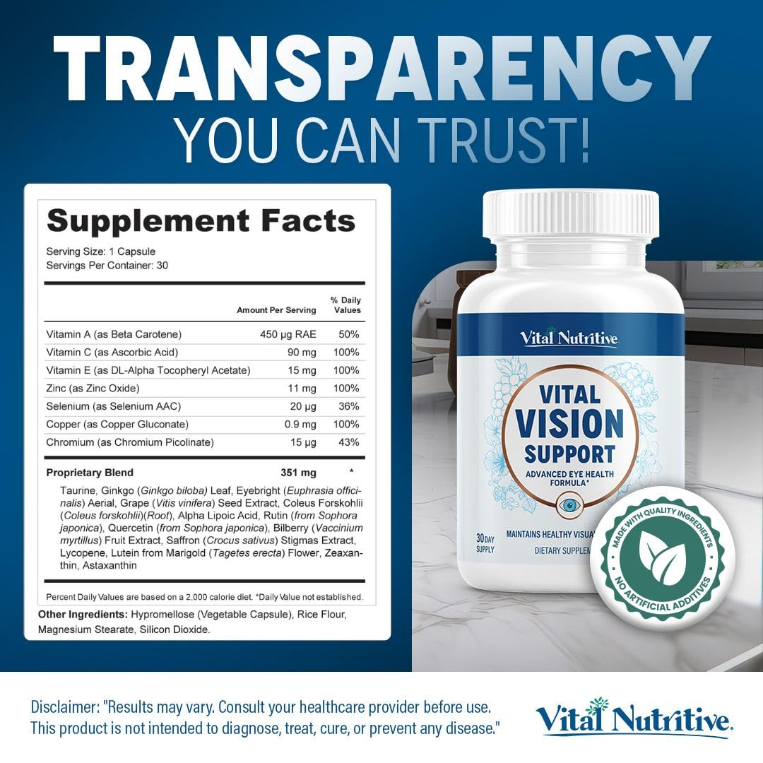 Vital Vision Support – Eye Health Supplement by Vital Nutritive with Vitamin A, Lutein & Antioxidants – 30-Day Serving