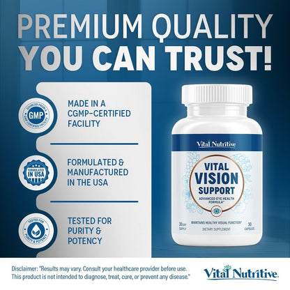 Vital Vision Support – Eye Health Supplement by Vital Nutritive with Vitamin A, Lutein & Antioxidants – 30-Day Serving