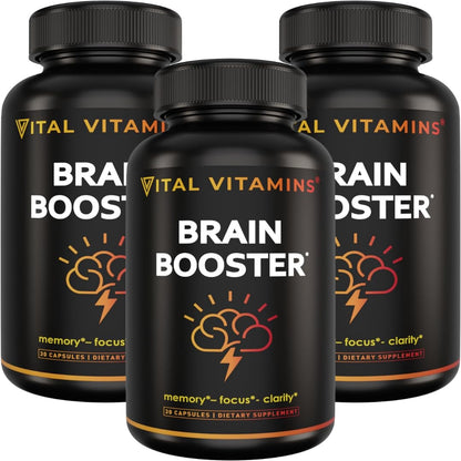 Vital Vitamins Brain Booster (3-Pack) – Memory & Focus Nootropic with Ginkgo, Rhodiola, B12 – Caffeine-Free, 90-Day Supply