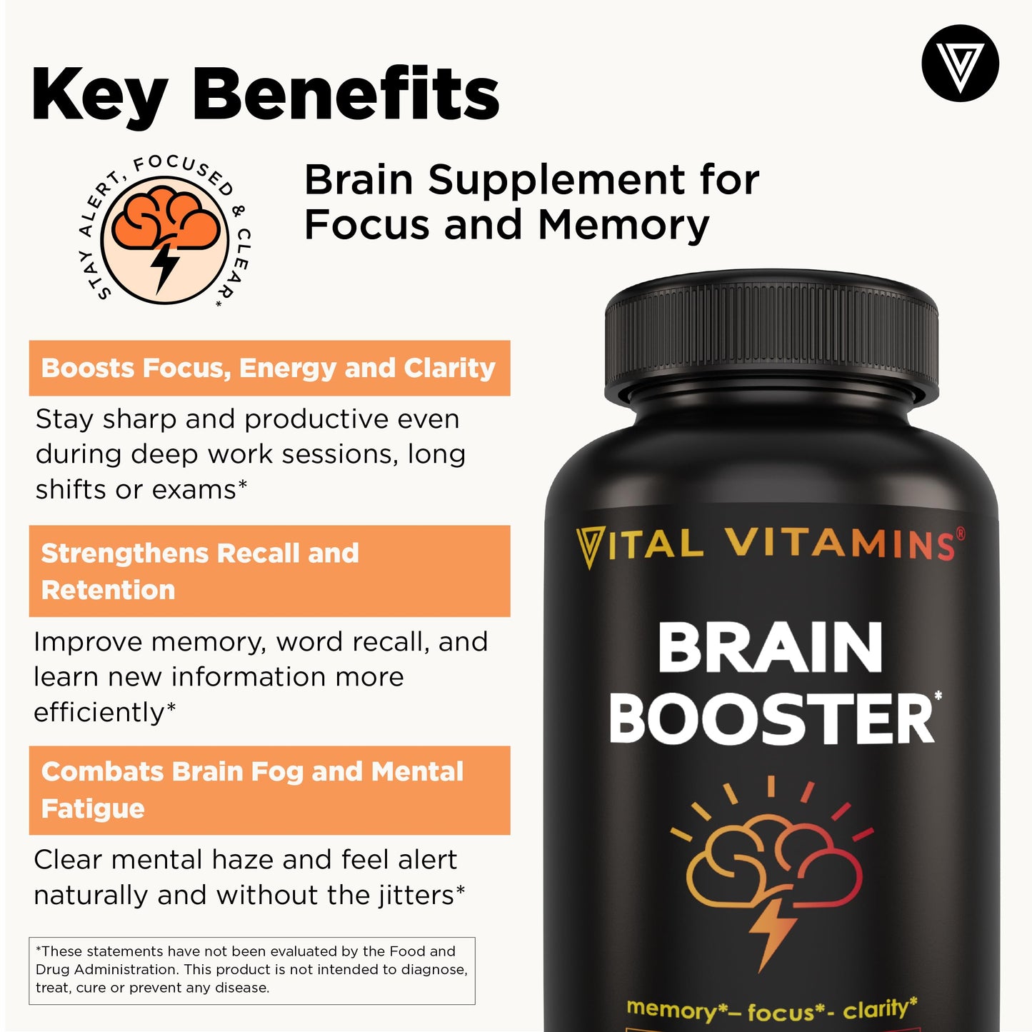 Vital Vitamins Brain Booster (3-Pack) – Memory & Focus Nootropic with Ginkgo, Rhodiola, B12 – Caffeine-Free, 90-Day Supply