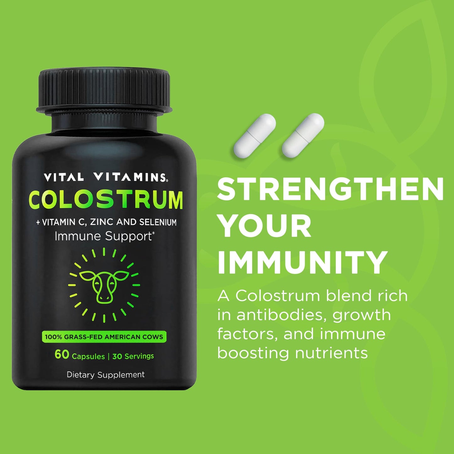 Vital Vitamins Colostrum Supplement – IgG 10% | Vitamin C, Zinc & Selenium | Grass-Fed 60 Caps