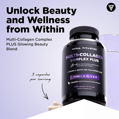 Vital Vitamins Multi Collagen Plus (2-Pack) – Biotin, Hyaluronic Acid & Vitamin C for Hair, Skin, Nails | Type I–X Collagen (Women & Men)