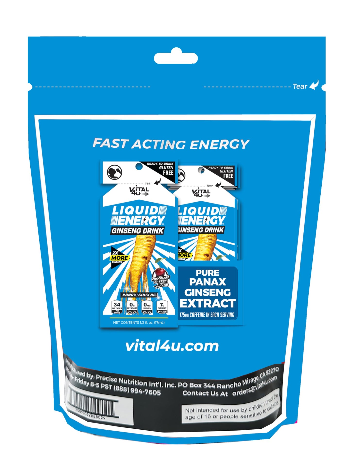VITAL 4U® Liquid Energy Shot - Ginseng, Naturally Sweetened, Chocolate Cherry Flavor, 24 ct