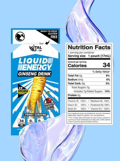 VITAL 4U® Liquid Energy Shot - Ginseng, Naturally Sweetened, Chocolate Cherry Flavor, 24 ct