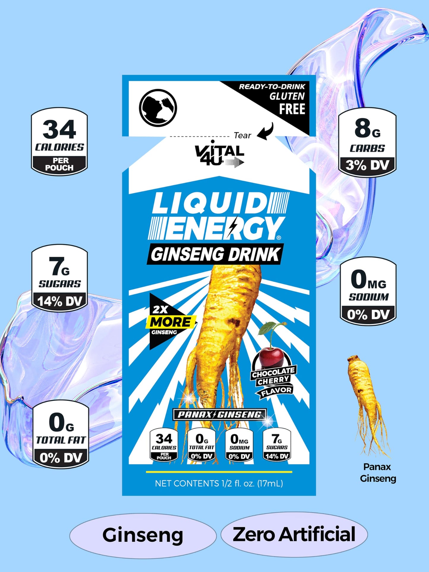 VITAL 4U® Liquid Energy Shot - Ginseng, Naturally Sweetened, Chocolate Cherry Flavor, 24 ct