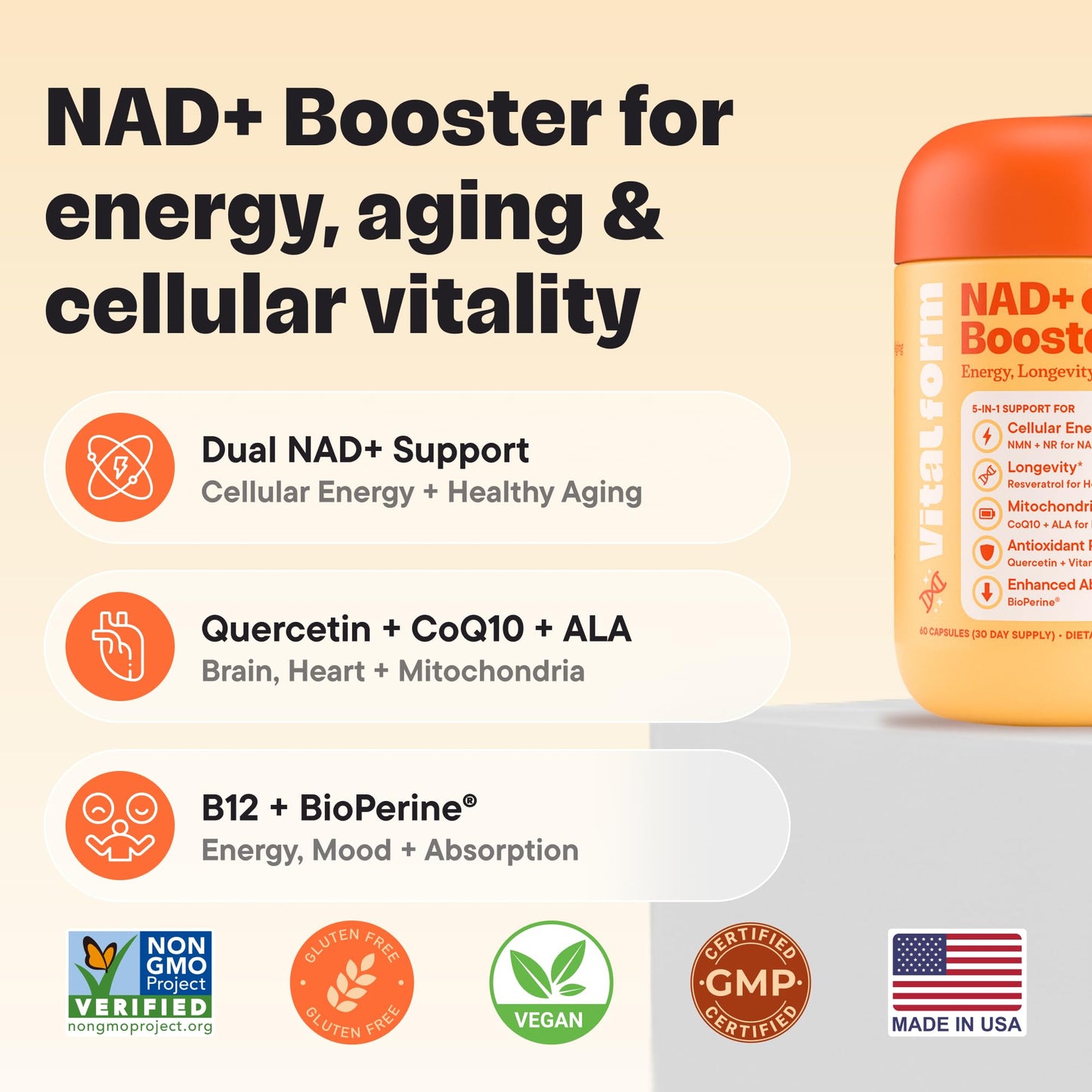 VitalForm NAD+ Booster – NMN + NR Complex for Energy, Healthy Aging & Brain Support | 60 Vegan Capsules