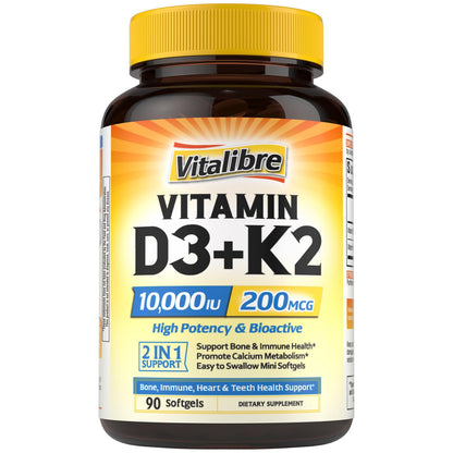 Vitalibre Vitamin D3 K2 Supplement 10000 IU D3 / 200 mcg K2 MK7 | 90 Softgels