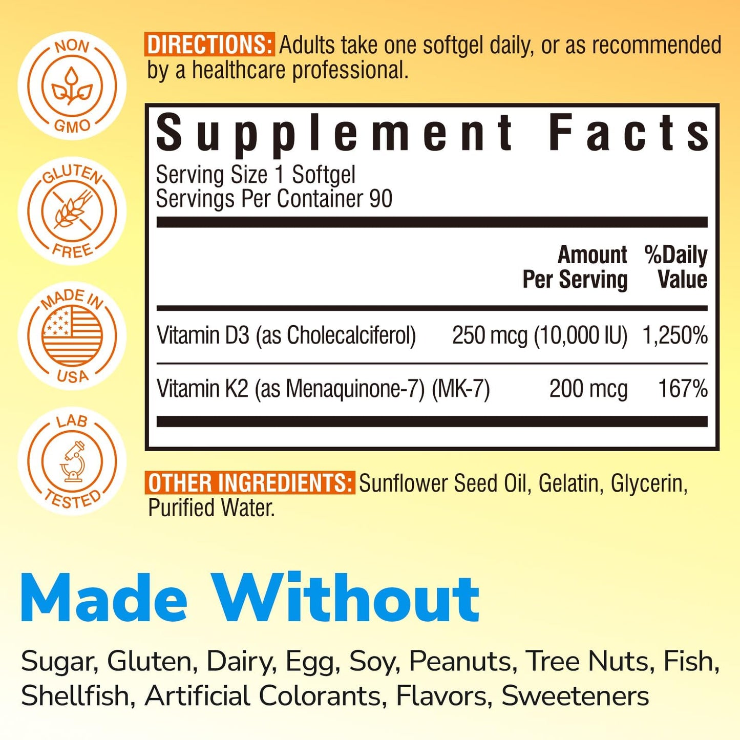 Vitalibre Vitamin D3 K2 Supplement 10000 IU D3 / 200 mcg K2 MK7 | 90 Softgels