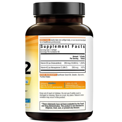 Vitalibre Vitamin D3 K2 Supplement 10000 IU D3 / 200 mcg K2 MK7 | 90 Softgels