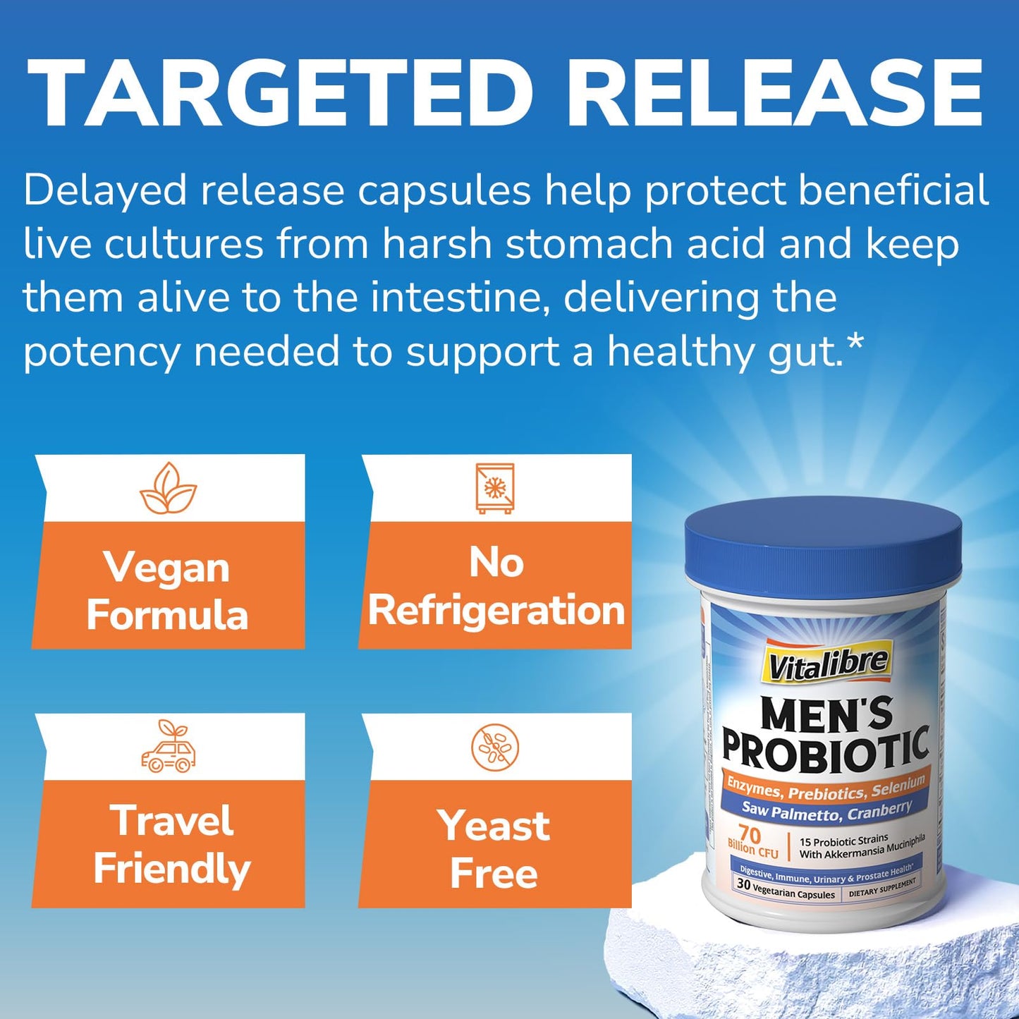 Vitalibre Probiotics for Men – 70B CFU with Akkermansia Muciniphila | Prostate & Digestive Health | 30 Capsules