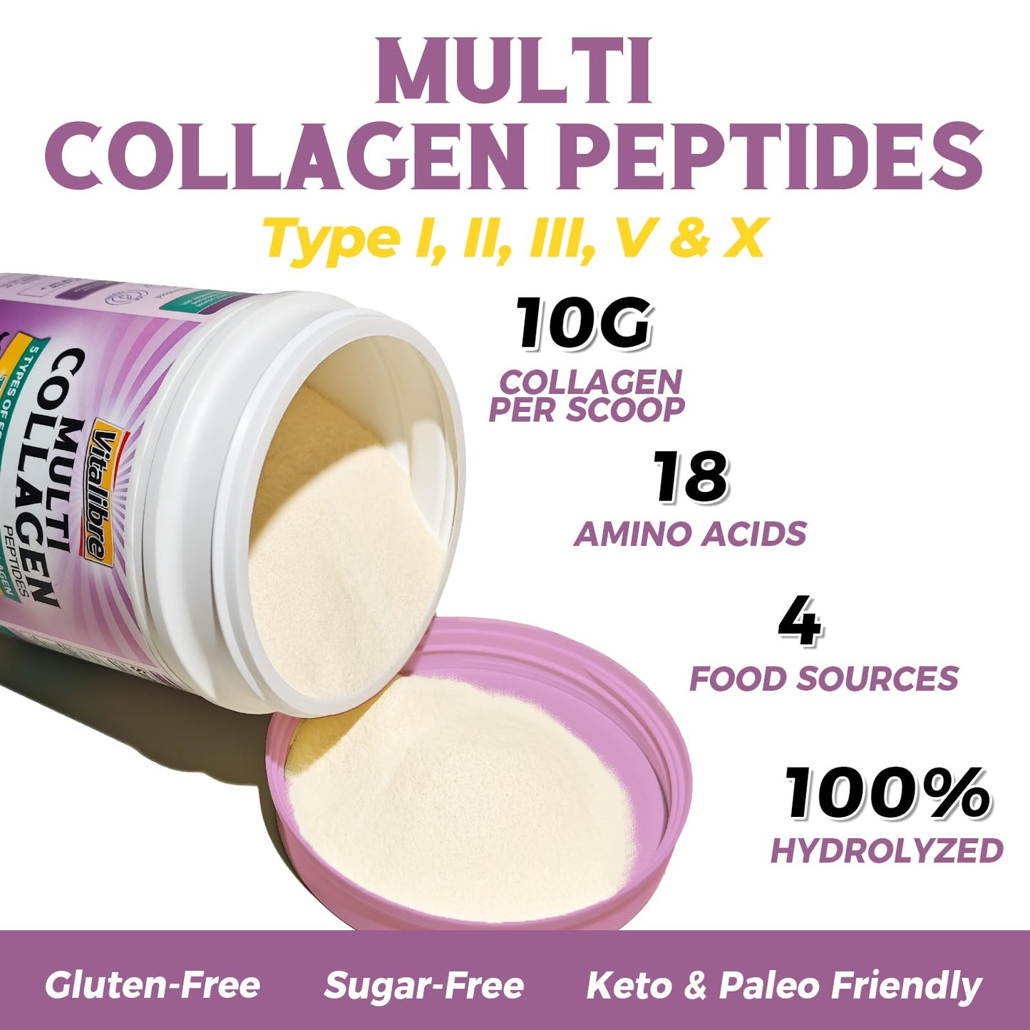 Vitalibre Multi Collagen Peptides Powder – Type I–X, Unflavored, 8oz, 22 Servings
