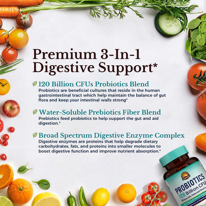 Vitalitown Probiotics 120 Billion CFUs | 36 Strains | Prebiotics & Digestive Enzymes | Shelf Stable | Vegan & Non-GMO | 60 Delayed-Release Veg Caps