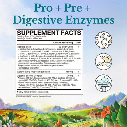 Vitalitown Probiotics 120 Billion CFUs | 36 Strains | Prebiotics & Digestive Enzymes | Shelf Stable | Vegan & Non-GMO | 60 Delayed-Release Veg Caps