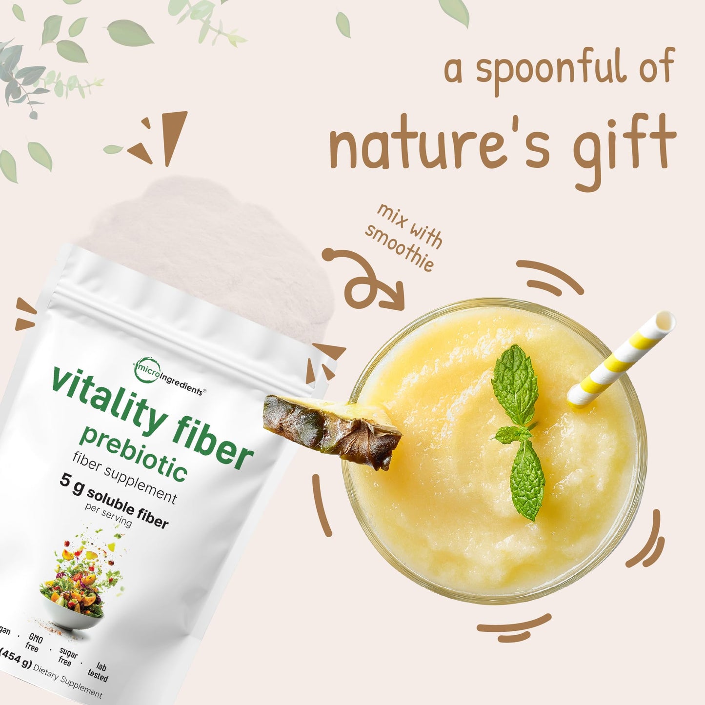 Micro Ingredients Vitality Prebiotic Fiber Powder 1lb | Unflavored, Sugar Free & Vegan