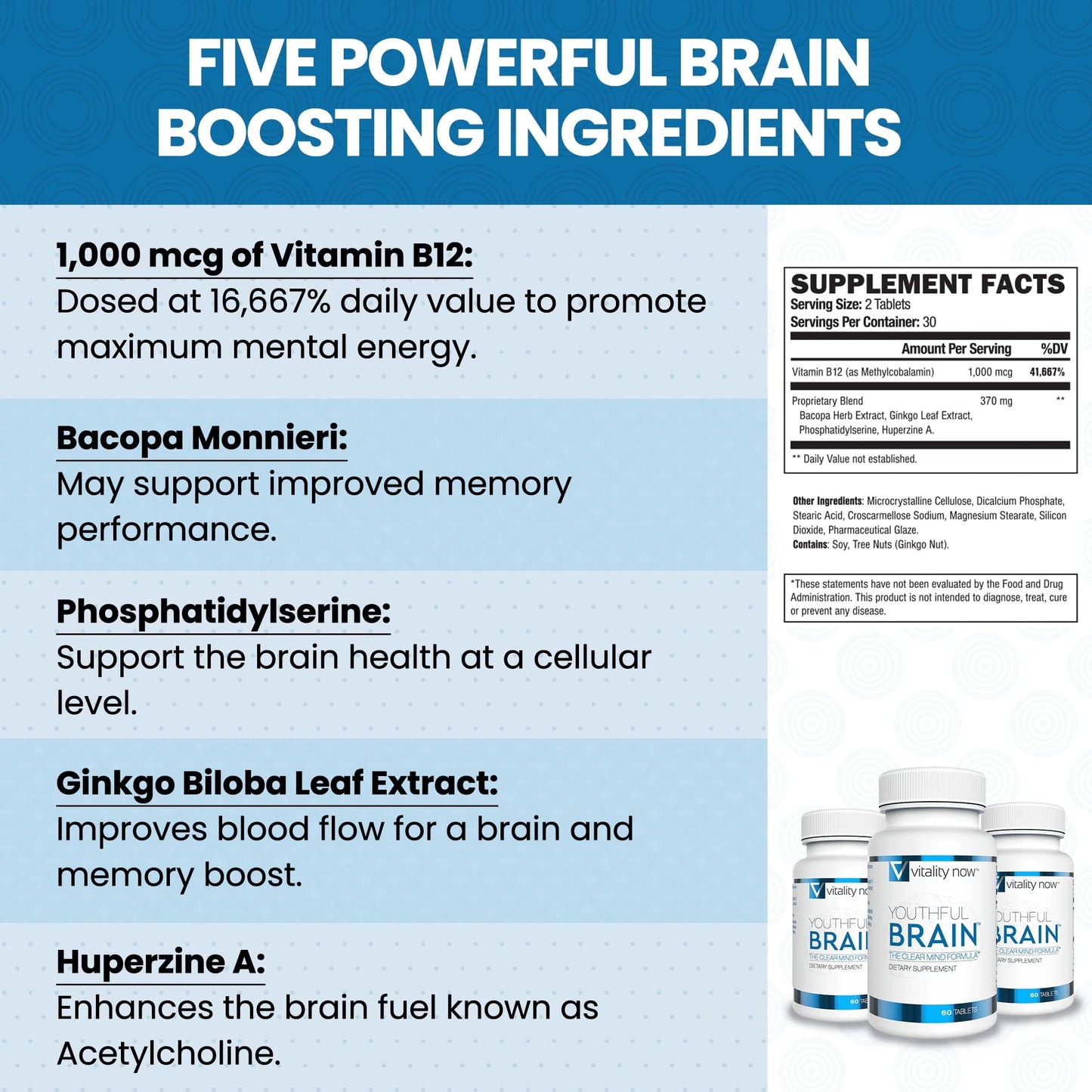 Vitality Now Youthful Brain - Brain Health Support with Bacopa & B12 | 60 Count