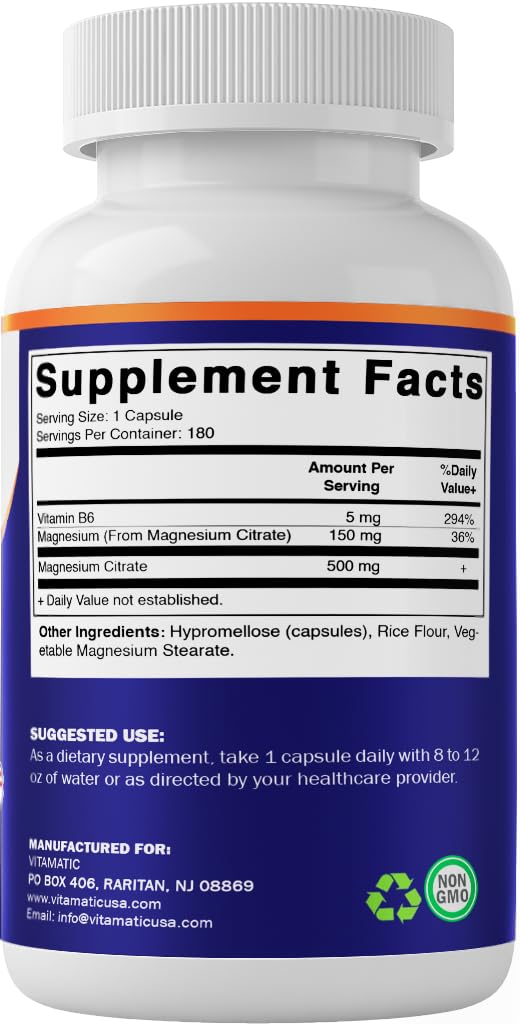 Vitamatic 2 Pack Magnesium Citrate 500 mg – 180 Vegetarian Capsules | Added B6