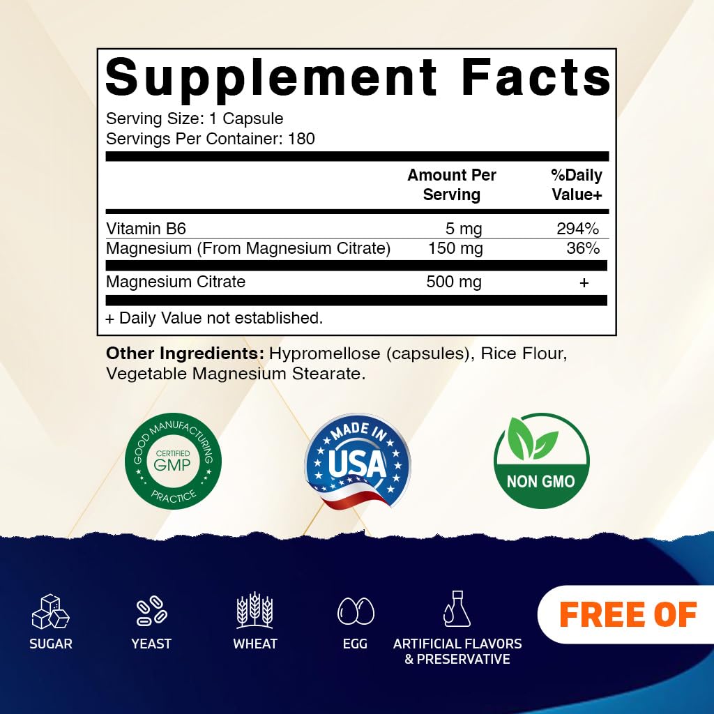 Vitamatic 2 Pack Magnesium Citrate 500 mg – 180 Vegetarian Capsules | Added B6