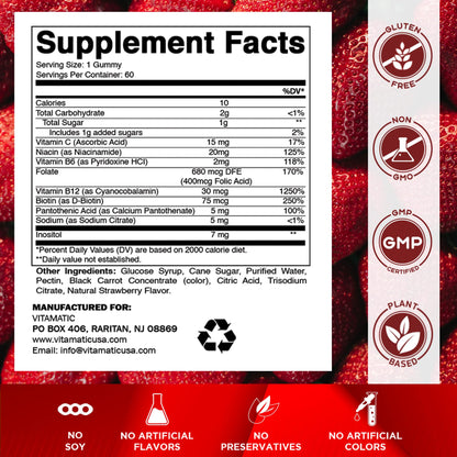 Vitamatic Vitamin B Complex Gummies with Vitamin C & Inositol – Natural Strawberry Flavor – 60 Gummies