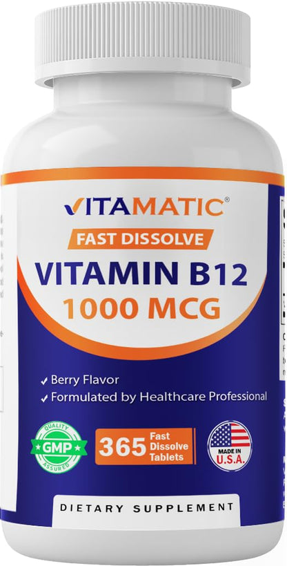 Vitamatic Vitamin B12 1000 mcg Fast Dissolve – Berry Flavor – 365 Tablets