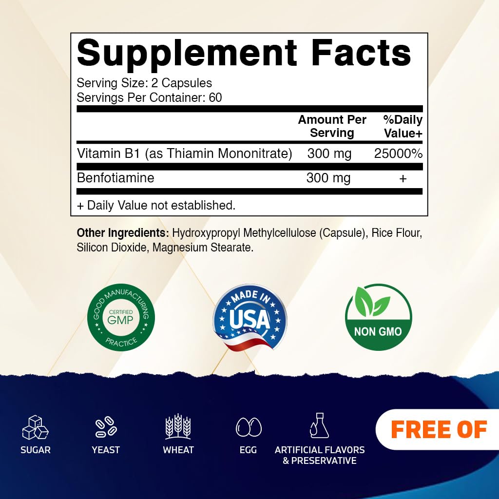 Vitamatic Benfotiamine 300mg + Vitamin B1 300mg – 120 Vegetarian Capsules – Made in USA – Gluten Free – Non-GMO