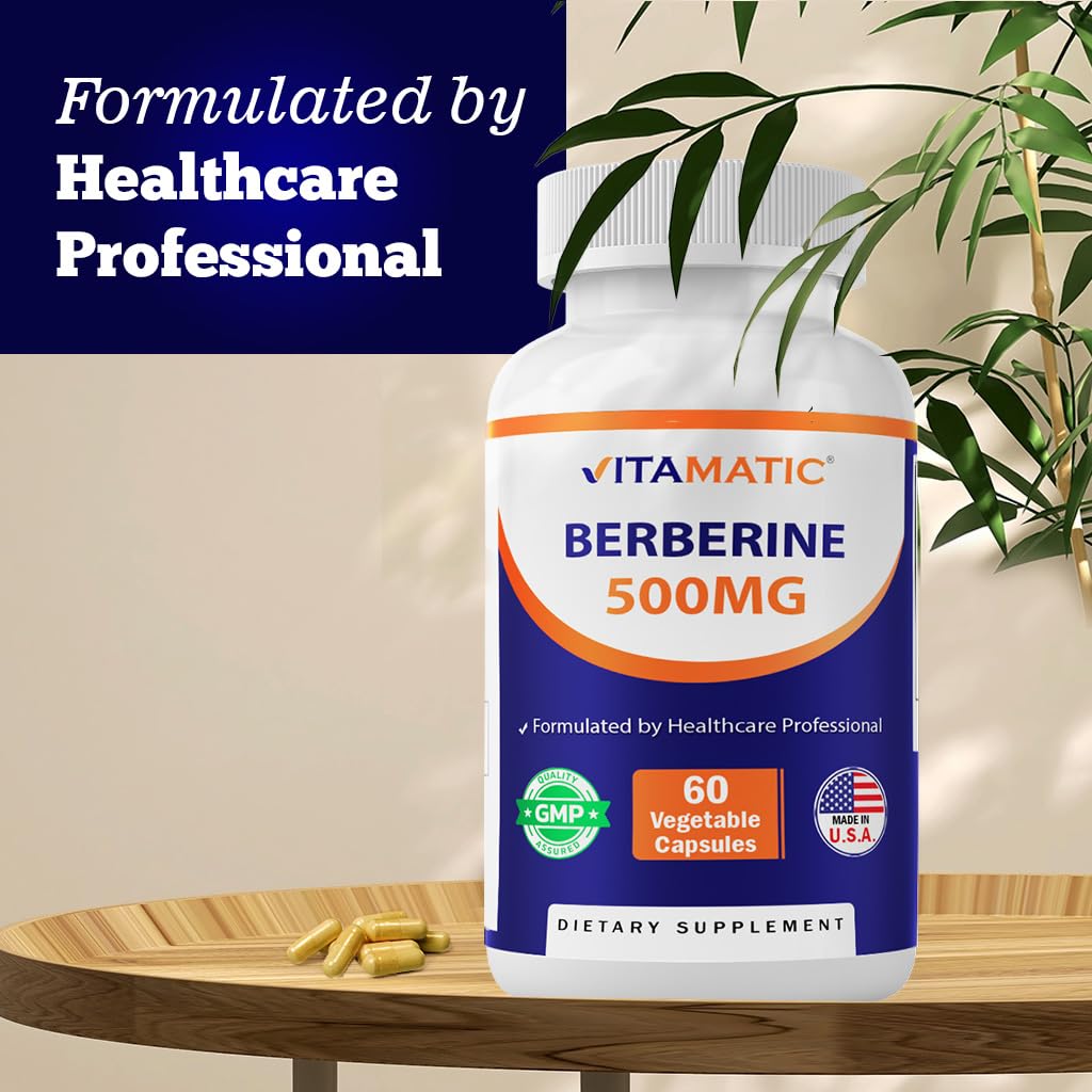Vitamatic Berberine 500mg Supplement - 60 Vegetable Capsules - Made in USA - Gluten Free - Non-GMO