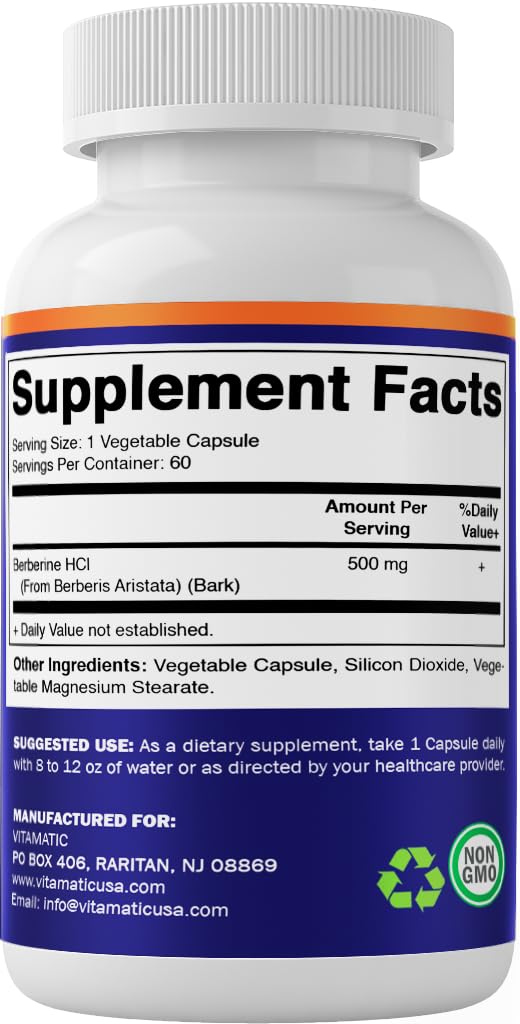Vitamatic Berberine 500mg Supplement - 60 Vegetable Capsules - Made in USA - Gluten Free - Non-GMO